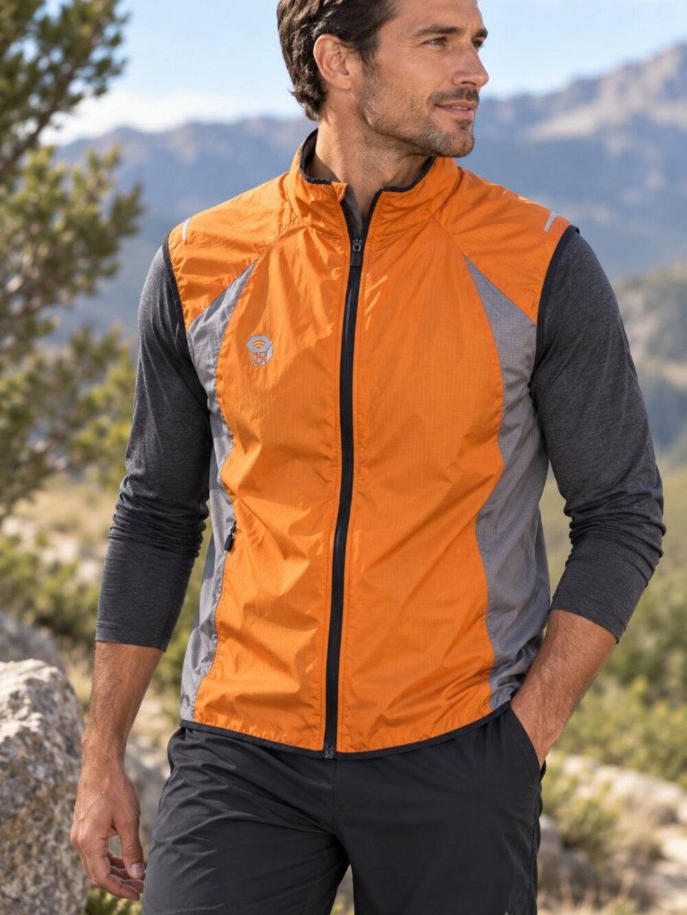 Mountain Hardwear Men’s L Orange Gray Lightweight Running Wind Vest Full Zip